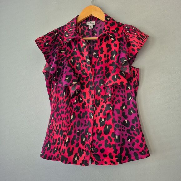 Worthington Burgundy Satin Animal Print Short Sleeve Ruffle Blouse Womens MED - Picture 1 of 6